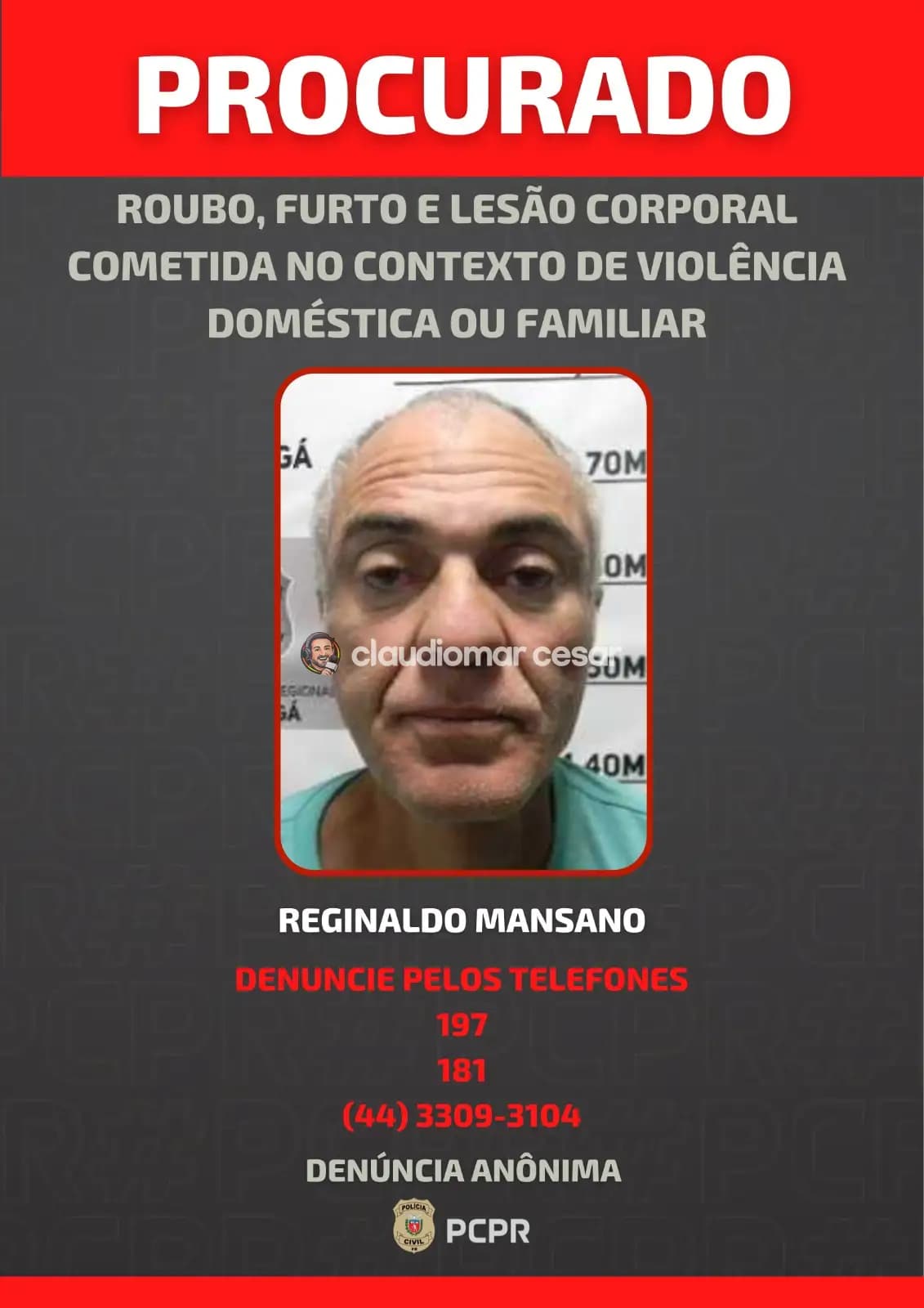 Polícia divulga foto de homem foragido por roubo em Maringá